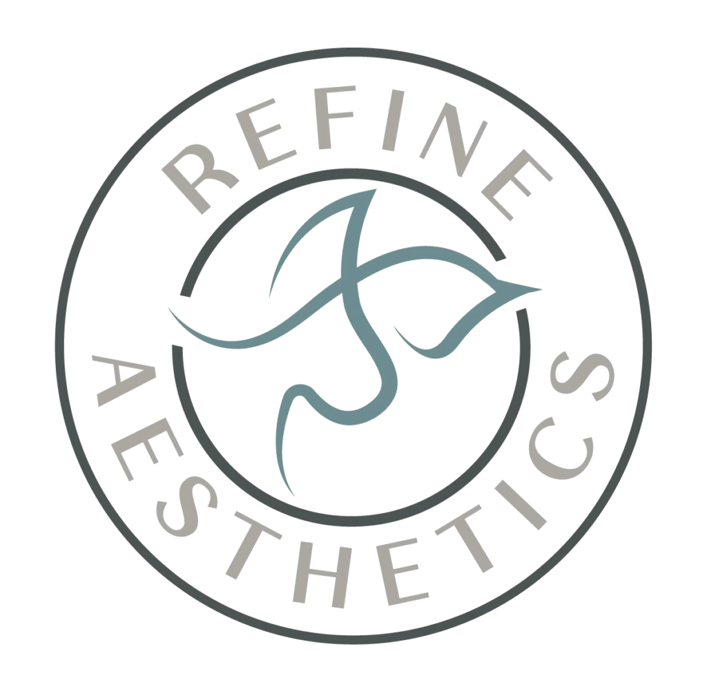 Circular logo with the text "Refine Aesthetics" surrounding an abstract design.
